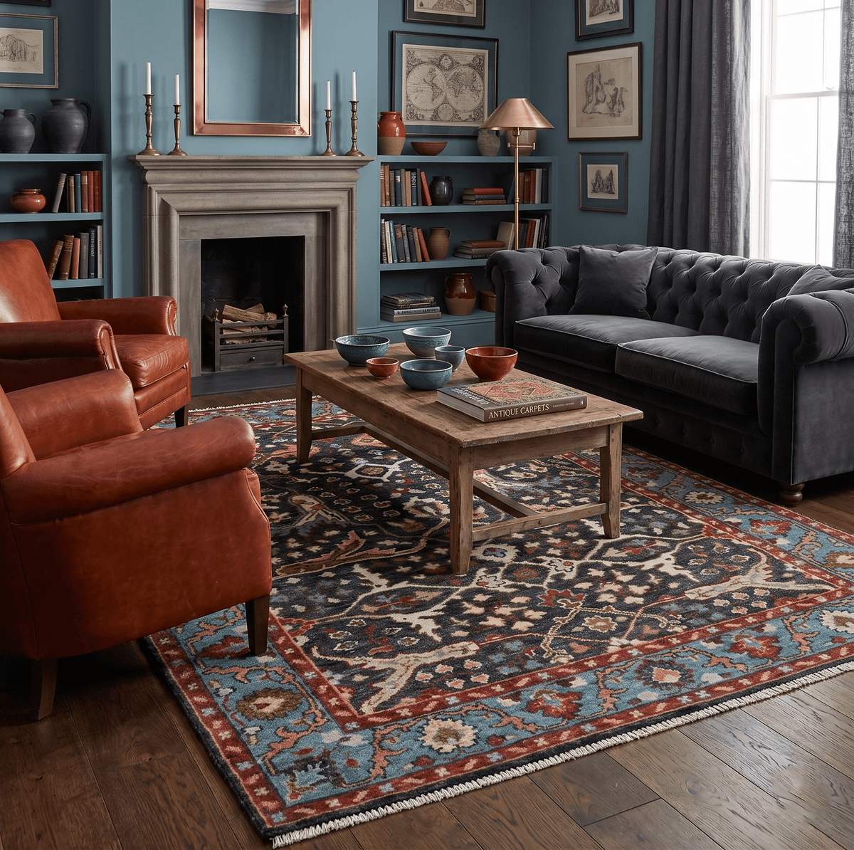 Black and Blue Hand Knotted Traditional Oushak Custom Made Wool Rug.