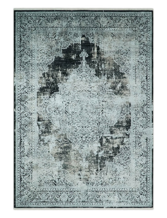 Black and Silver Vintage look Power loomed Art Silk Area Rug.