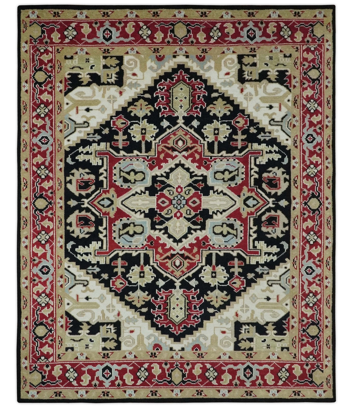 Black, Ivory, Olive and Brown Hand knotted Traditional Heriz Medallion Multi Size Wool Area Rug.