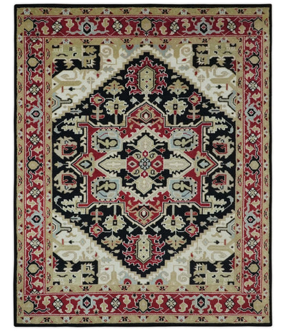 Black, Ivory, Olive and Brown Hand knotted Traditional Heriz Medallion Multi Size Wool Area Rug.