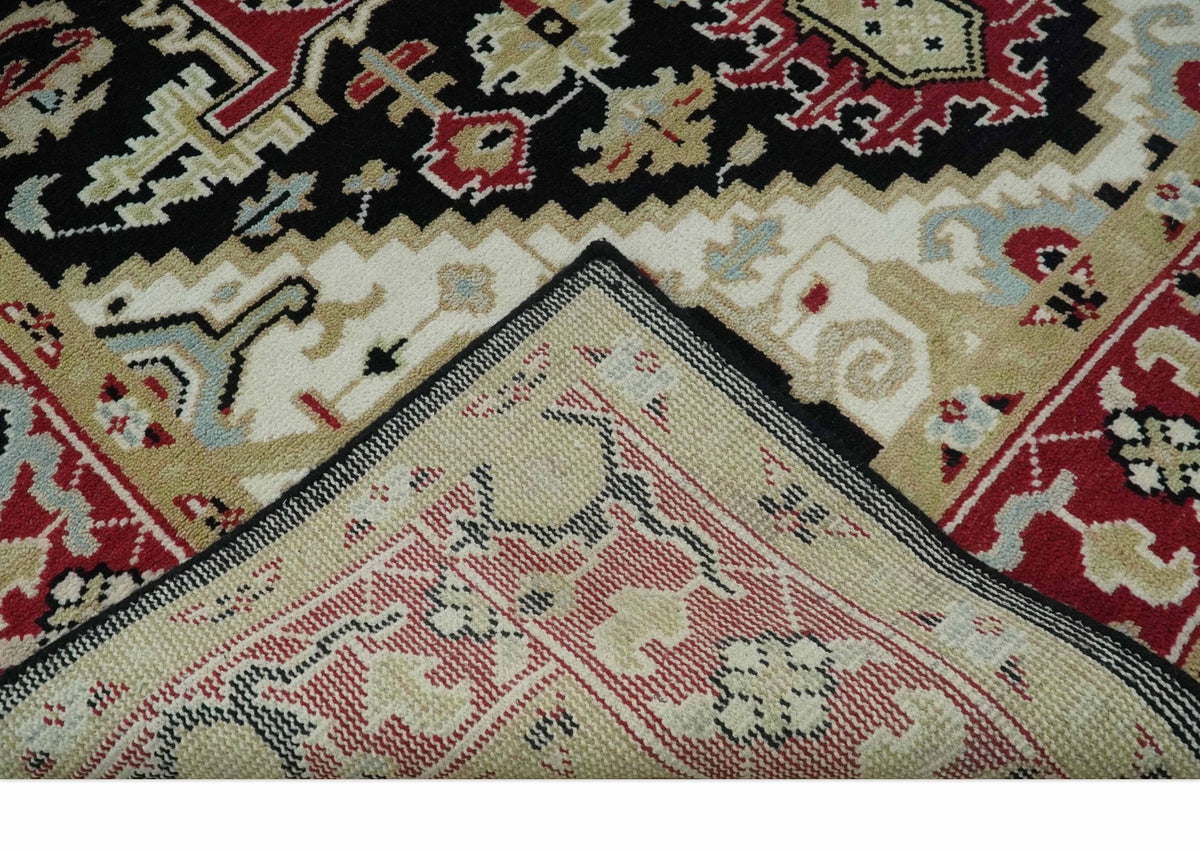 Black, Ivory, Olive and Brown Hand knotted Traditional Heriz Medallion Multi Size Wool Area Rug.