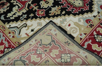 Black, Ivory, Olive and Brown Hand knotted Traditional Heriz Medallion Multi Size Wool Area Rug.