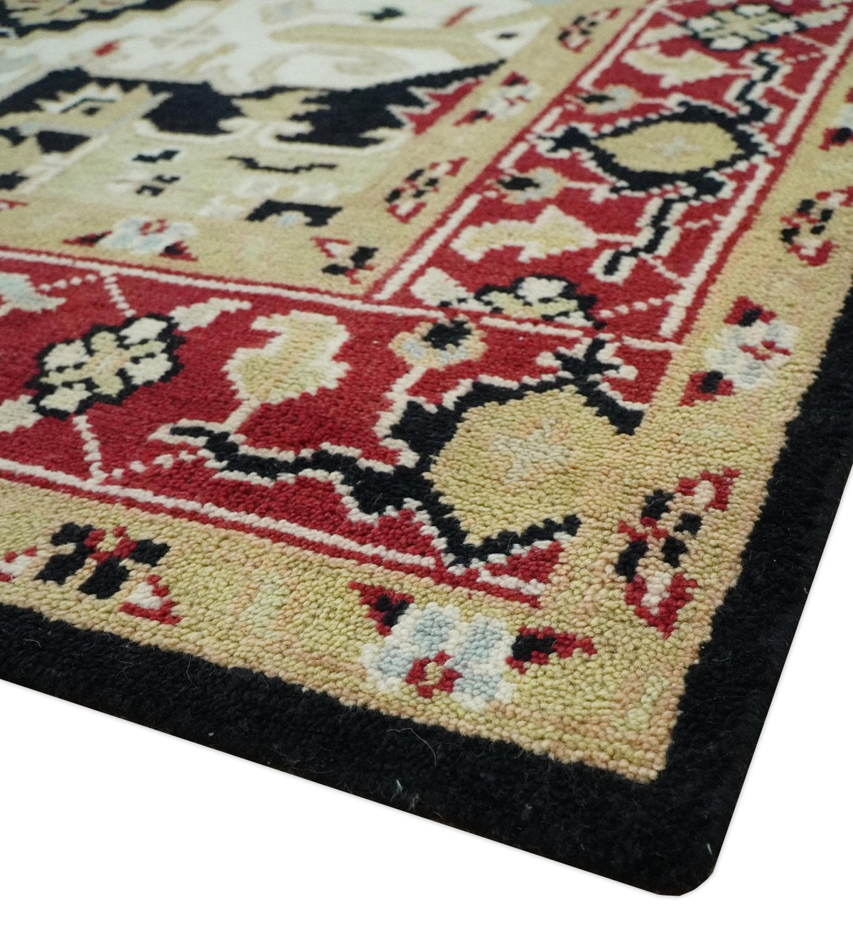 Black, Ivory, Olive and Brown Hand knotted Traditional Heriz Medallion Multi Size Wool Area Rug.