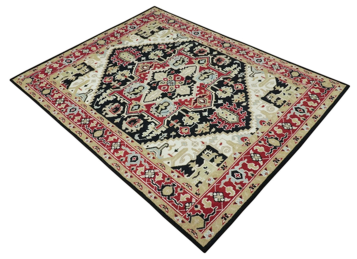 Black, Ivory, Olive and Brown Hand knotted Traditional Heriz Medallion Multi Size Wool Area Rug.