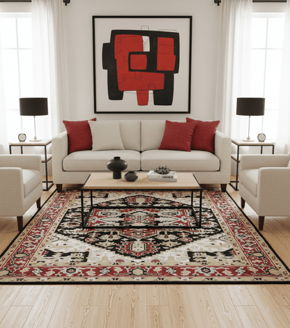 Black, Ivory, Olive and Brown Hand knotted Traditional Heriz Medallion Multi Size Wool Area Rug.