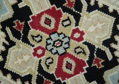 Black, Ivory, Olive and Brown Hand knotted Traditional Heriz Medallion Multi Size Wool Area Rug.