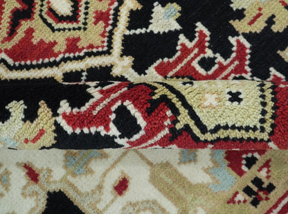 Black, Ivory, Olive and Brown Hand knotted Traditional Heriz Medallion Multi Size Wool Area Rug.