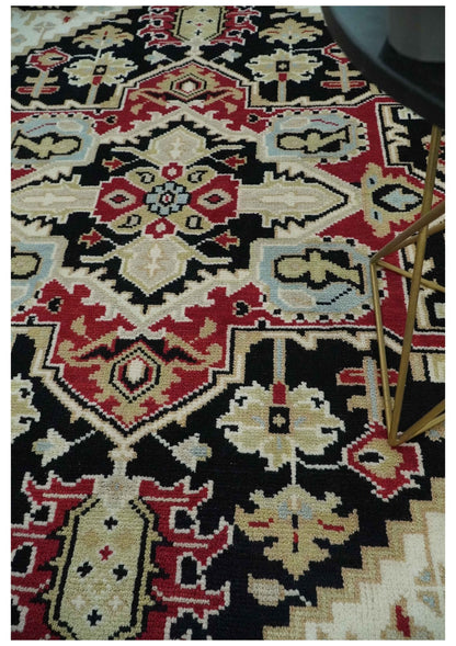 Black, Ivory, Olive and Brown Hand knotted Traditional Heriz Medallion Multi Size Wool Area Rug.