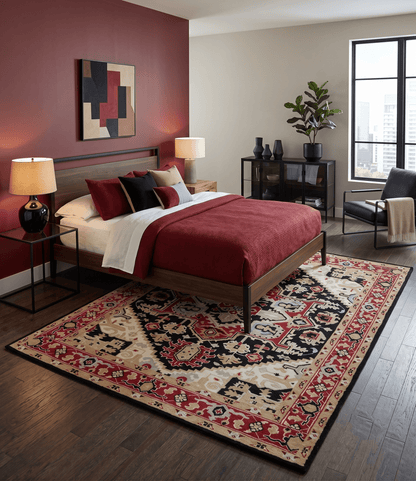 Black, Ivory, Olive and Brown Hand knotted Traditional Heriz Medallion Multi Size Wool Area Rug.