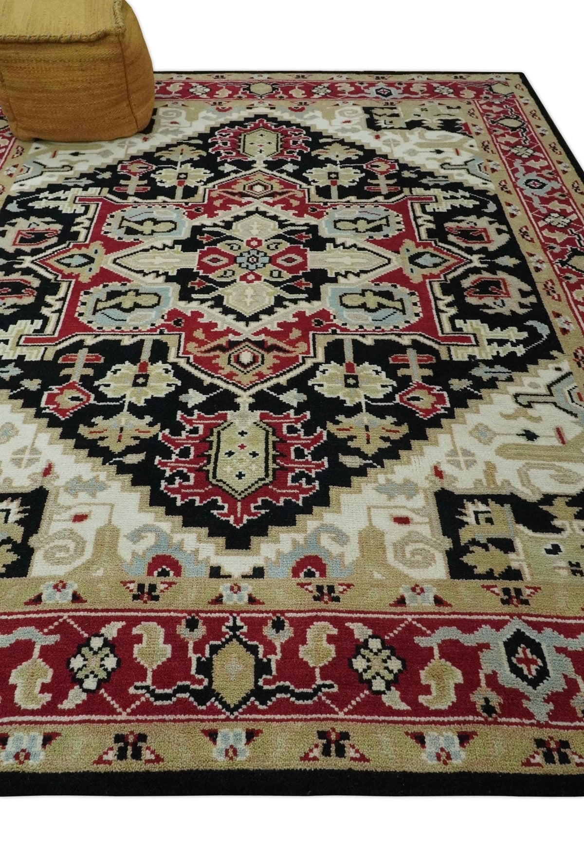 Black, Ivory, Olive and Brown Hand knotted Traditional Heriz Medallion Multi Size Wool Area Rug.