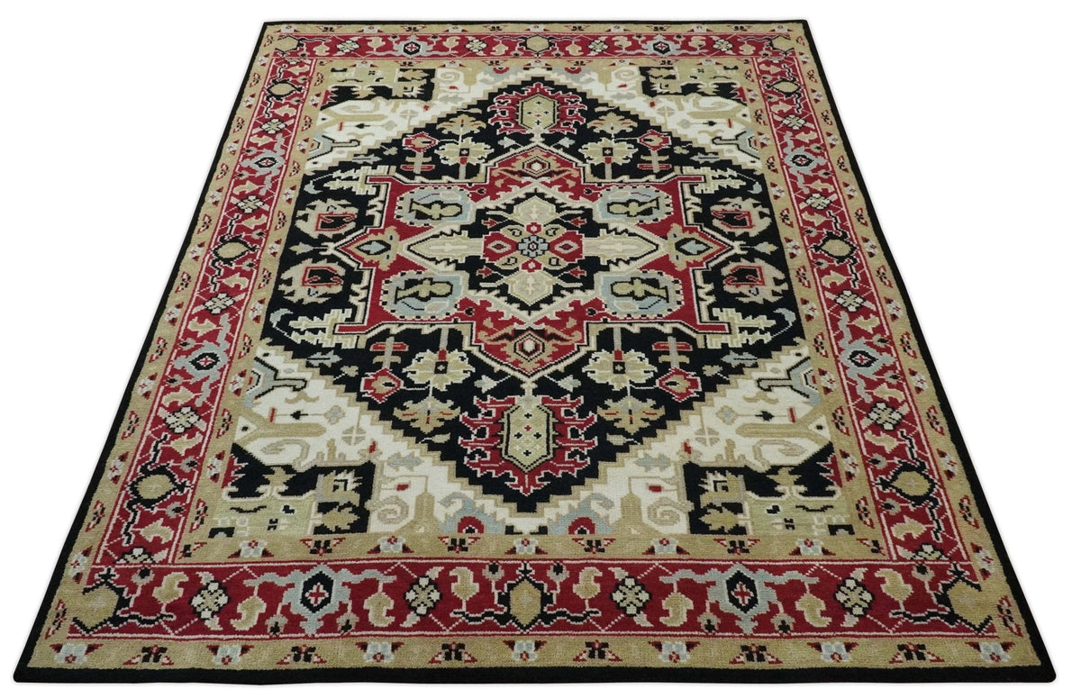 Black, Ivory, Olive and Brown Hand knotted Traditional Heriz Medallion Multi Size Wool Area Rug.