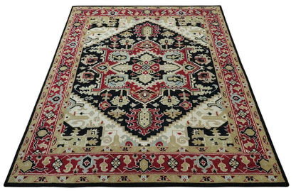 Black, Ivory, Olive and Brown Hand knotted Traditional Heriz Medallion Multi Size Wool Area Rug.