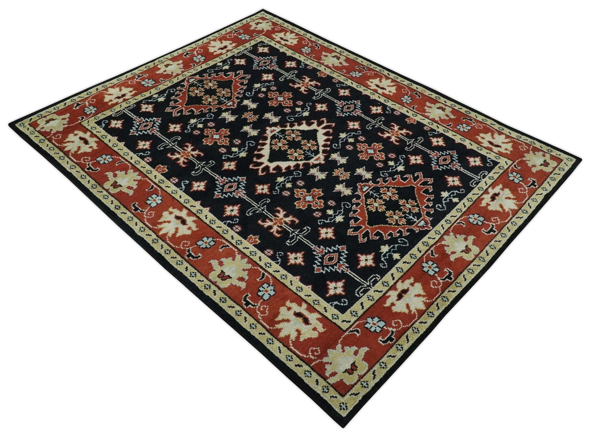 Black, Rust and Beige Traditional Oriental Hand Knotted Custom Made Wool Area Rug.