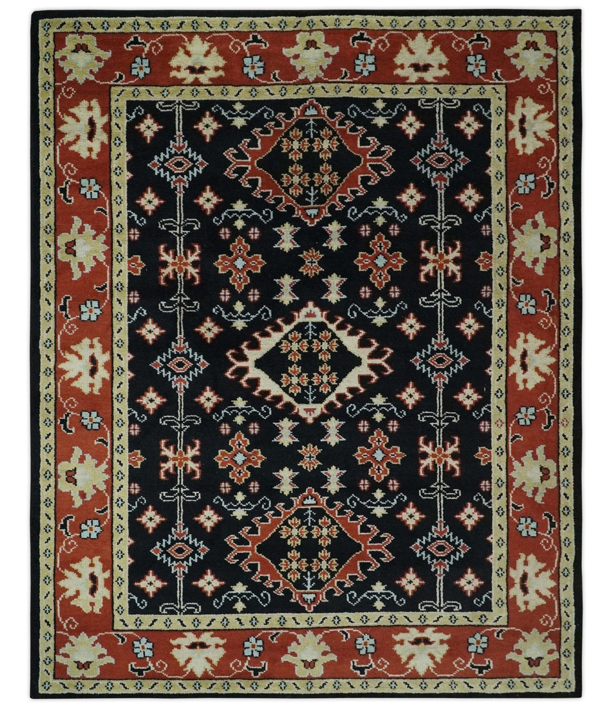 Black, Rust and Beige Traditional Oriental Hand Knotted Custom Made Wool Area Rug.