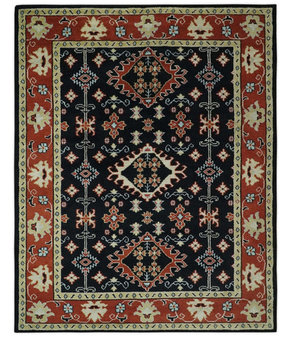 Black, Rust and Beige Traditional Oriental Hand Knotted Custom Made Wool Area Rug.