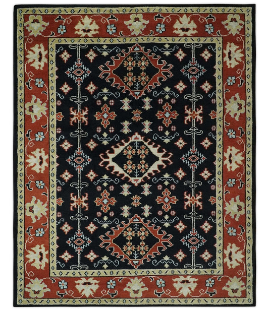 Black, Rust and Beige Traditional Oriental Hand Knotted Custom Made Wool Area Rug.