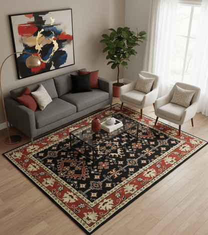 Black, Rust and Beige Traditional Oriental Hand Knotted Custom Made Wool Area Rug.