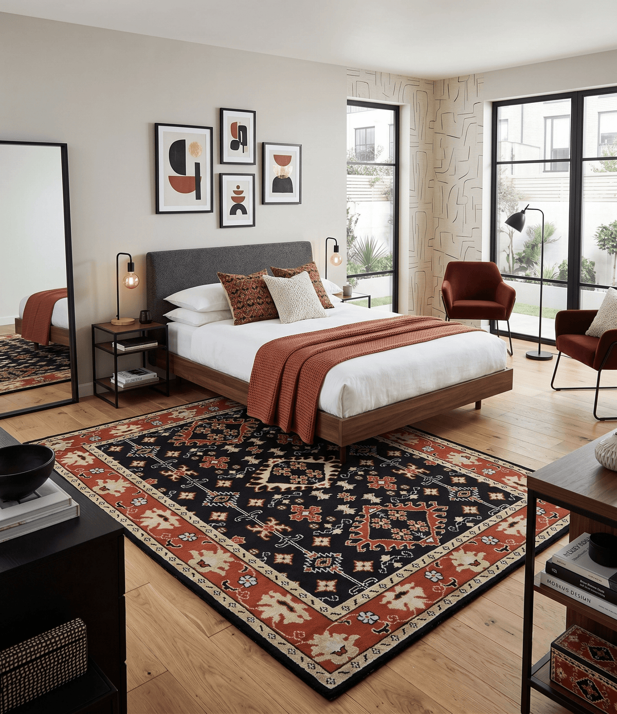 Black, Rust and Beige Traditional Oriental Hand Knotted Custom Made Wool Area Rug.