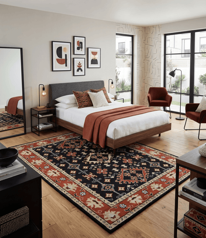 Black, Rust and Beige Traditional Oriental Hand Knotted Custom Made Wool Area Rug.