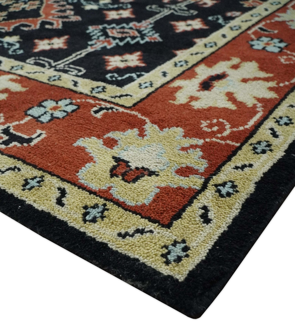 Black, Rust and Beige Traditional Oriental Hand Knotted Custom Made Wool Area Rug.