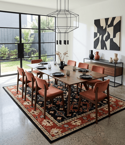 Black, Rust and Beige Traditional Oriental Hand Knotted Custom Made Wool Area Rug.