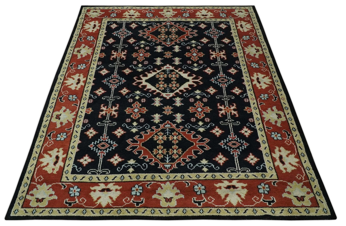 Black, Rust and Beige Traditional Oriental Hand Knotted Custom Made Wool Area Rug.
