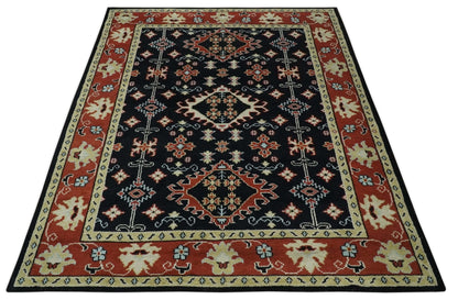 Black, Rust and Beige Traditional Oriental Hand Knotted Custom Made Wool Area Rug.
