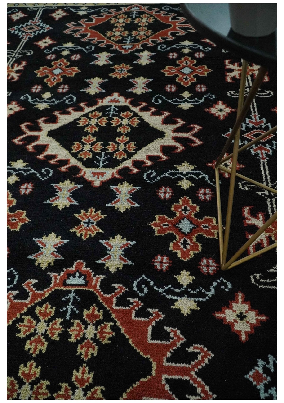 Black, Rust and Beige Traditional Oriental Hand Knotted Custom Made Wool Area Rug.