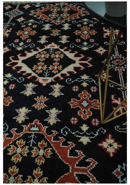 Black, Rust and Beige Traditional Oriental Hand Knotted Custom Made Wool Area Rug.