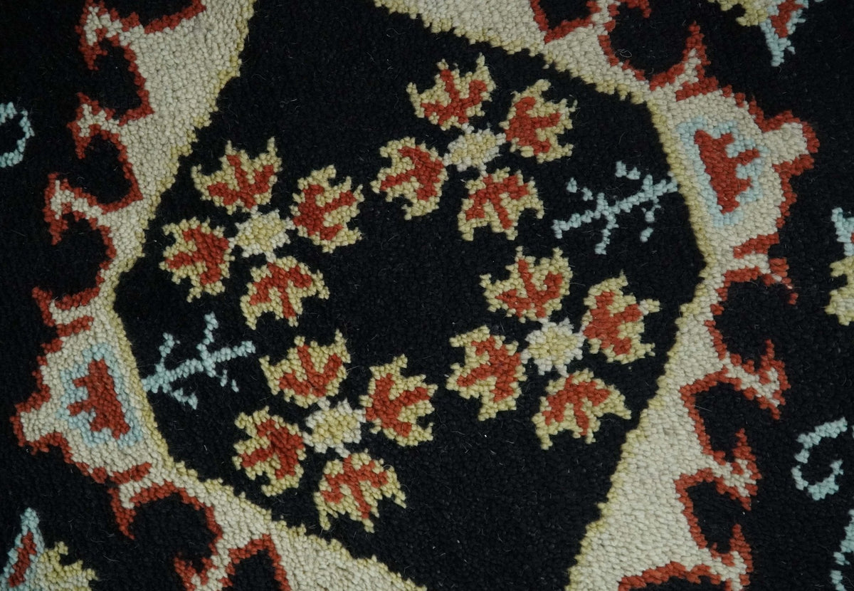 Black, Rust and Beige Traditional Oriental Hand Knotted Custom Made Wool Area Rug.