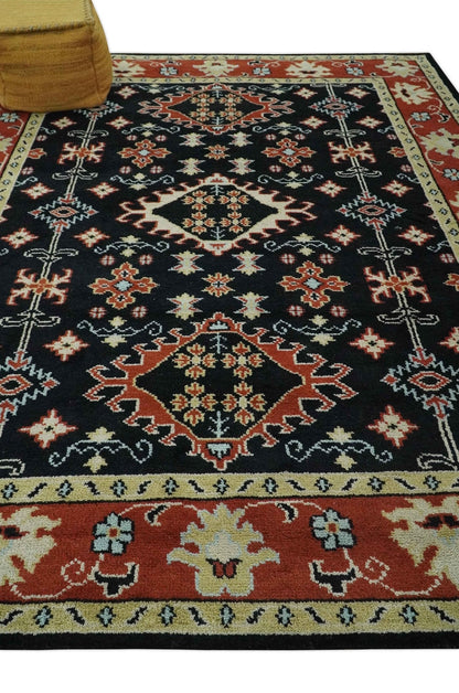 Black, Rust and Beige Traditional Oriental Hand Knotted Custom Made Wool Area Rug.