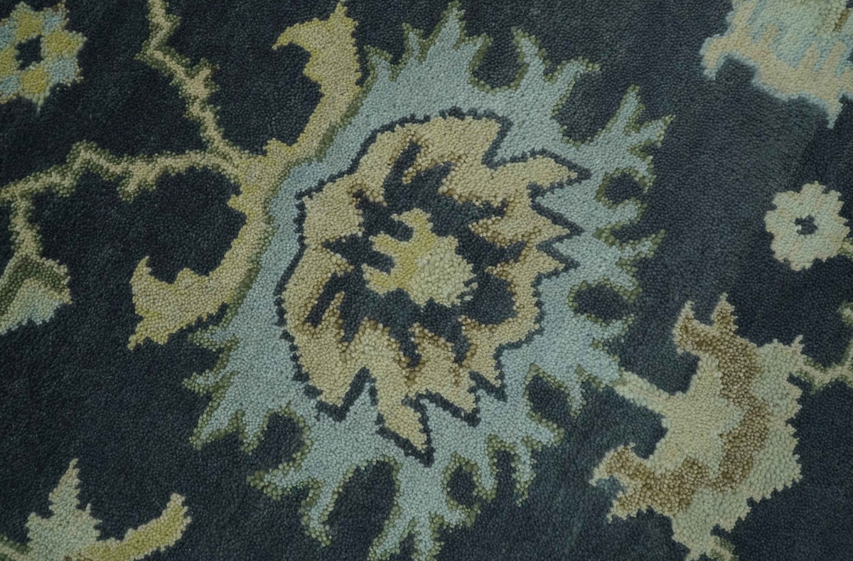 Black, Silver and Olive Oushak Hand Knotted Custom Made Wool Rug.