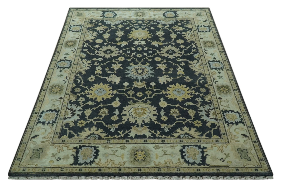 Black, Silver and Olive Oushak Hand Knotted Custom Made Wool Rug.