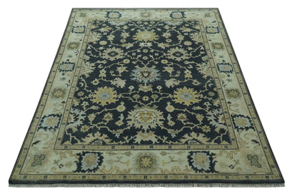 Black, Silver and Olive Oushak Hand Knotted Custom Made Wool Rug.