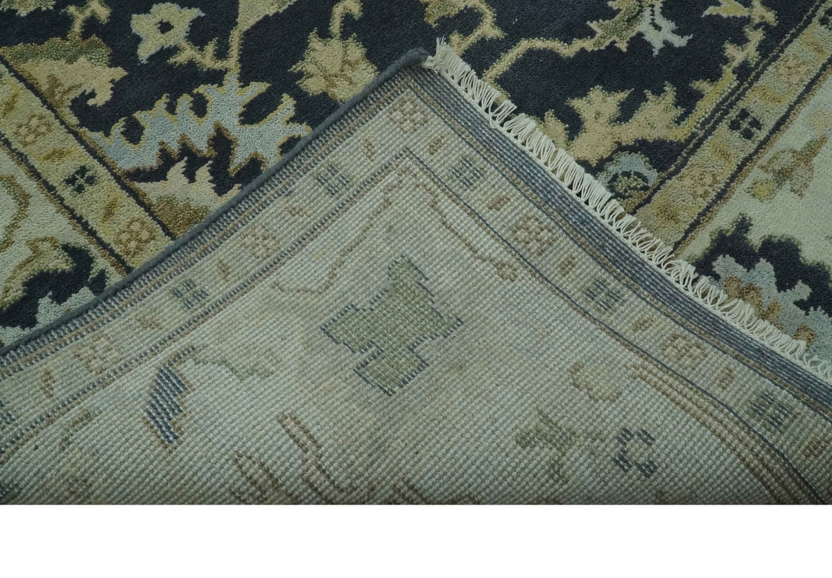 Black, Silver and Olive Oushak Hand Knotted Custom Made Wool Rug.