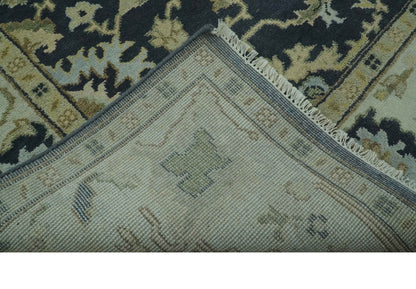 Black, Silver and Olive Oushak Hand Knotted Custom Made Wool Rug.