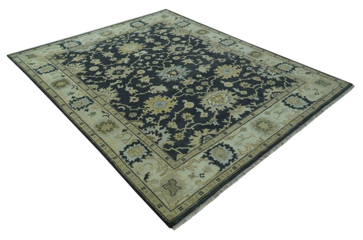 Black, Silver and Olive Oushak Hand Knotted Custom Made Wool Rug.