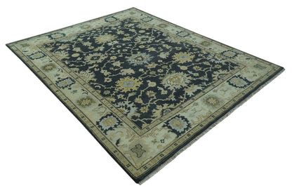 Black, Silver and Olive Oushak Hand Knotted Custom Made Wool Rug.