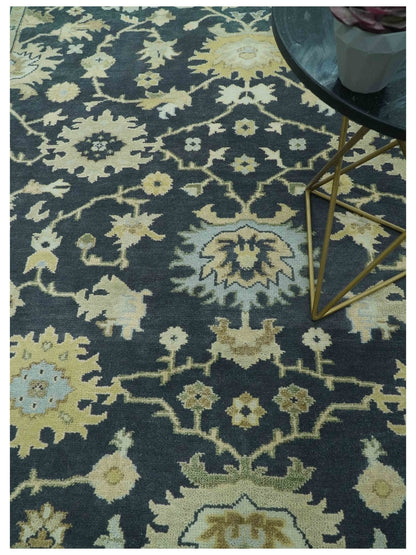 Black, Silver and Olive Oushak Hand Knotted Custom Made Wool Rug.