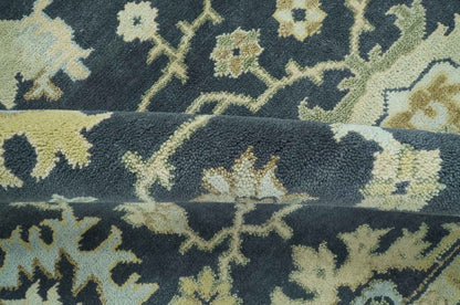Black, Silver and Olive Oushak Hand Knotted Custom Made Wool Rug.