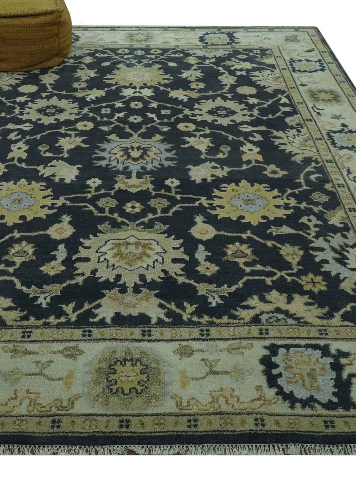Black, Silver and Olive Oushak Hand Knotted Custom Made Wool Rug.