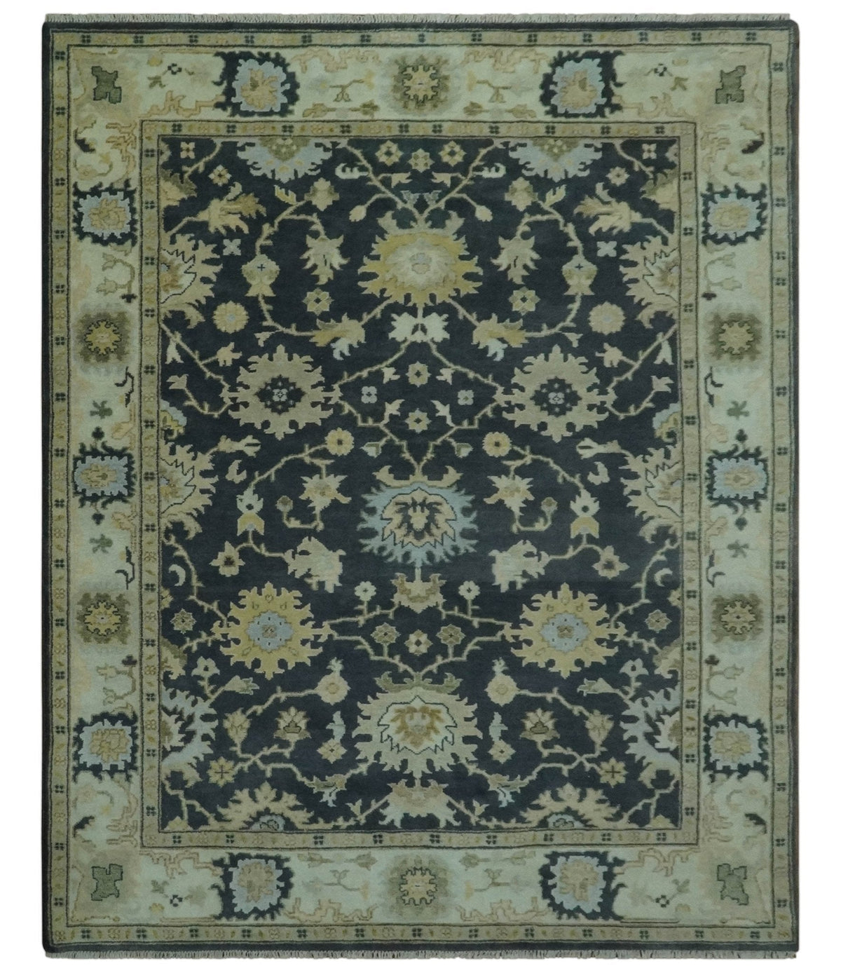 Black, Silver and Olive Oushak Hand Knotted Custom Made Wool Rug.