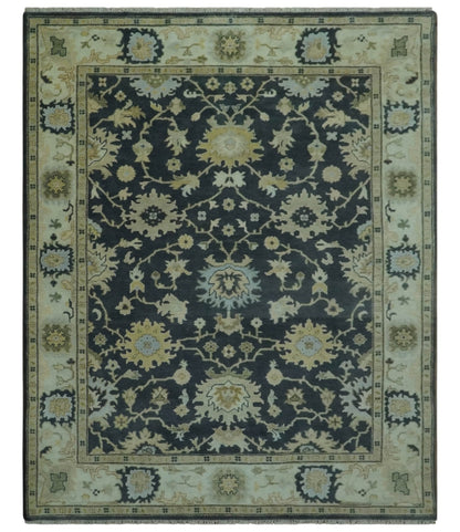 Black, Silver and Olive Oushak Hand Knotted Custom Made Wool Rug.