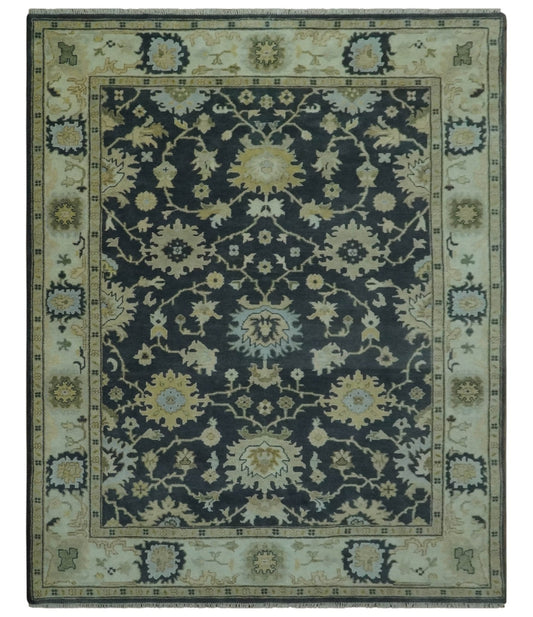 Black, Silver and Olive Oushak Hand Knotted Custom Made Wool Rug.