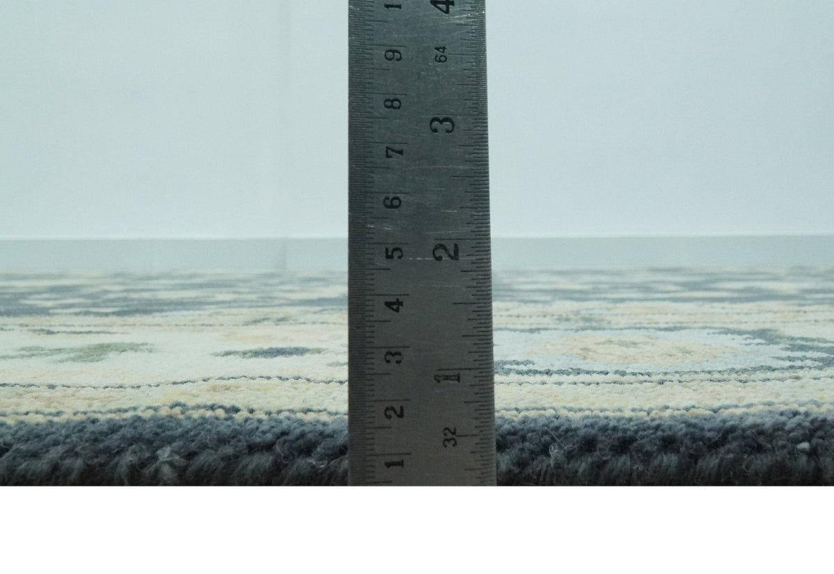 Black, Silver and Olive Oushak Hand Knotted Custom Made Wool Rug.