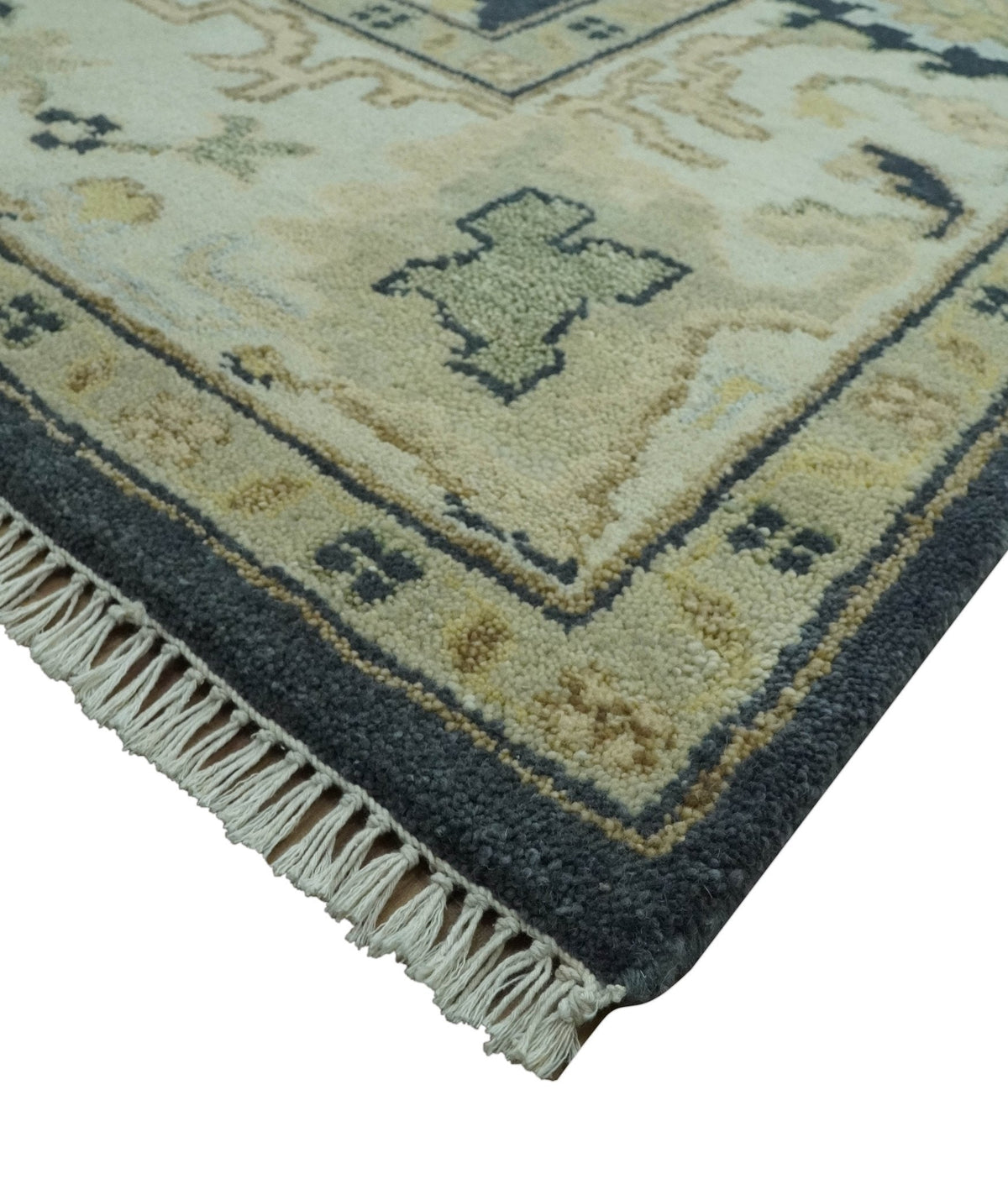Black, Silver and Olive Oushak Hand Knotted Custom Made Wool Rug.