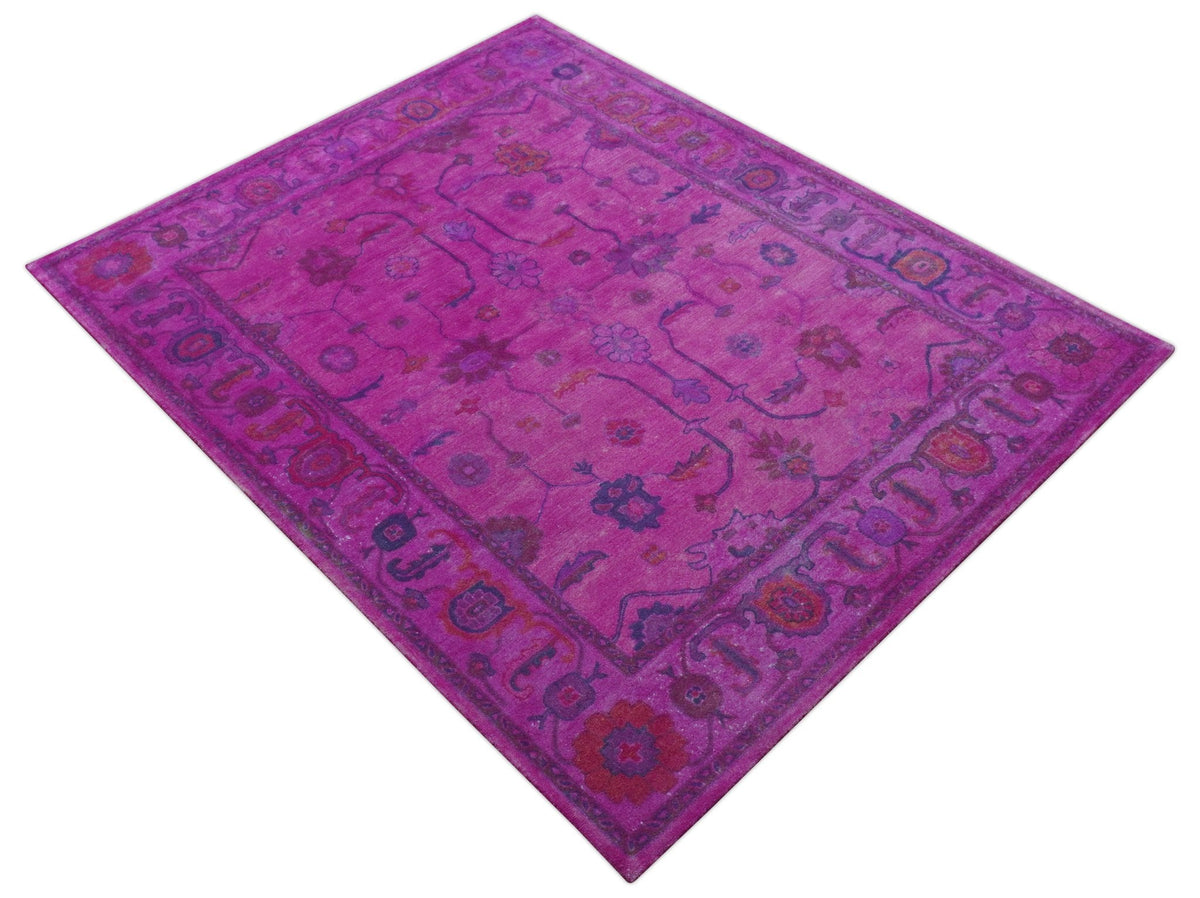 Bloom Overdyed Traditional Oushak Pink And Blue Hand Tufted Wool Rug.