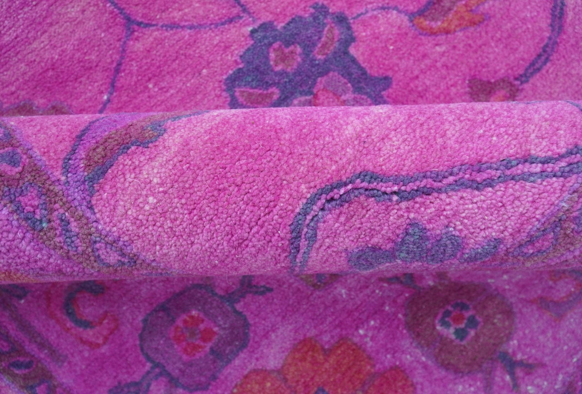 Bloom Overdyed Traditional Oushak Pink And Blue Hand Tufted Wool Rug.
