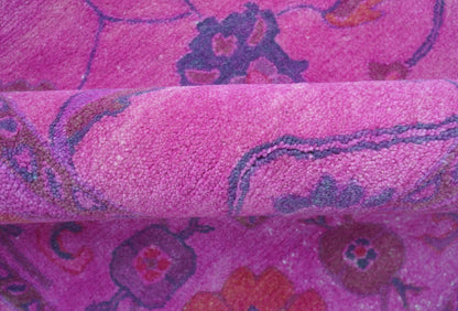 Bloom Overdyed Traditional Oushak Pink And Blue Hand Tufted Wool Rug.