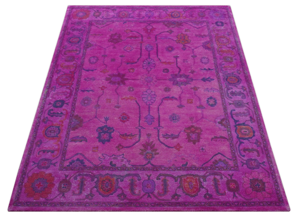 Bloom Overdyed Traditional Oushak Pink And Blue Hand Tufted Wool Rug.